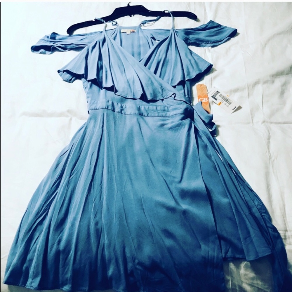 Periwinkle off the shoulder wrap dress